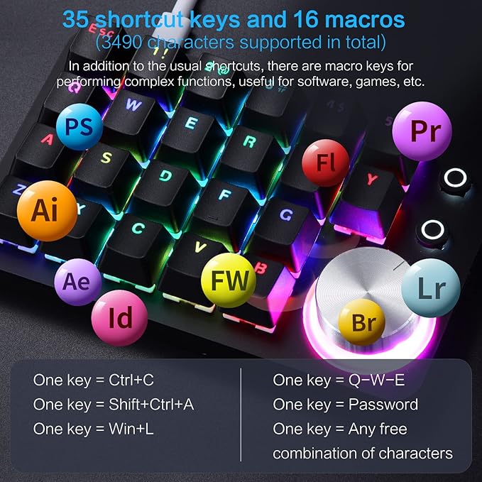 Koolertron 24 Keys Programmable Keyboard，One Handed Macro Mechanical Keyboard, RGB LED Backlight Red Switch USB Portable Keyboard with Fully Knobs, 24 Keys Macro Pad for Gaming