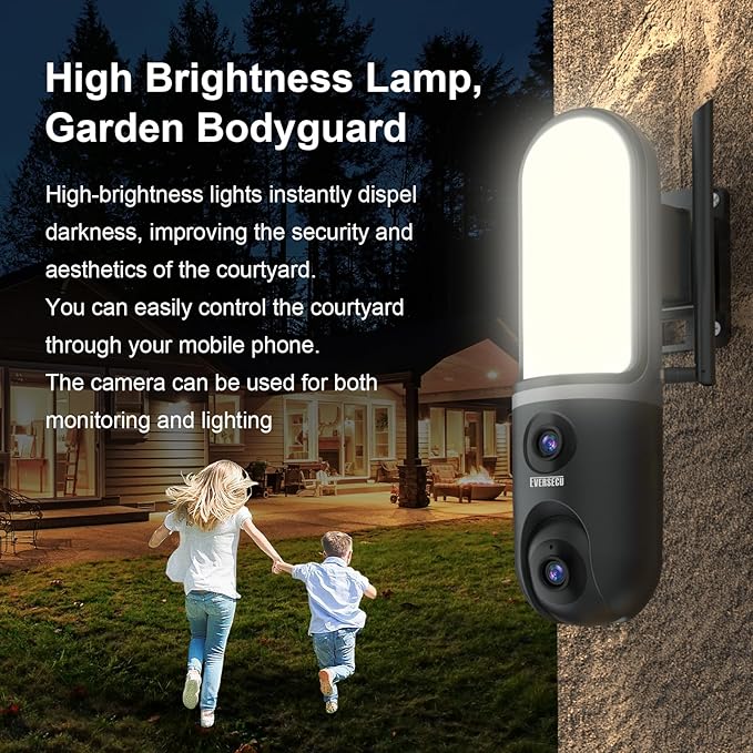 EVERSECU Dual Lens Waterproof Wall Light Camera, 3K Video, 1200LM Floodlight, 2 Way Audio, PTZ Auto Tracking, Support ONVIF & RTSP & Alexa, Cloud/SD Storage, Outdoor Wired WiFi Security Camera