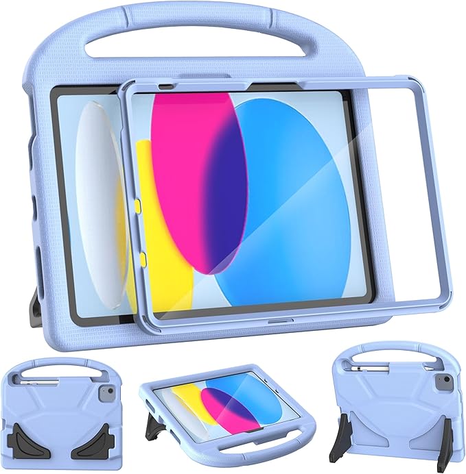 Kids Case for iPad A16 11th Gen 11-Inch 2025 & iPad 10th Generation (10.9" 2022), Durable Shockproof Fully-Body Cover with Screen Protector/Pencil Holder/Stand/Handle for Kids, Light Blue