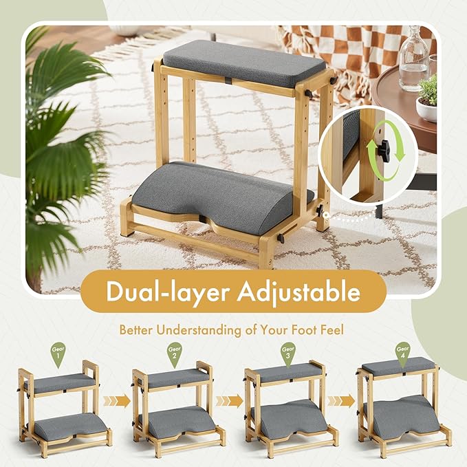 Double Step Foot Rest Under Desk, Adjustable Wooden Desk Foot Rest with 4 Heights, Ergonomic Foot Stool with Cushion for Office, Gaming & Study (Natural Color)