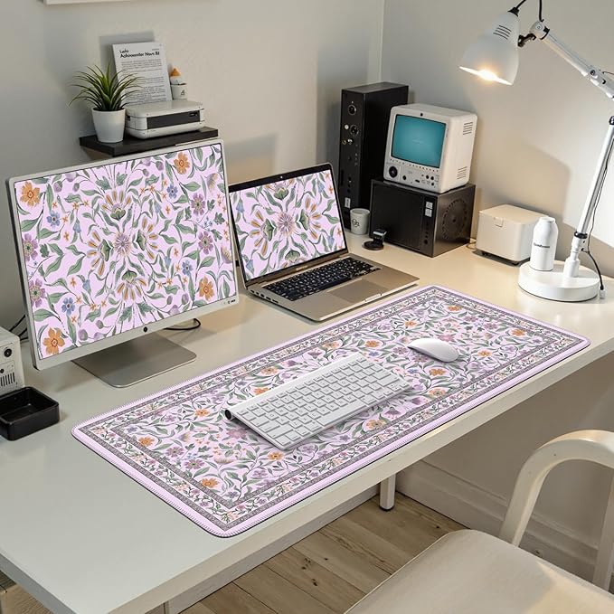 iLeadon Desk Matt for Desktop, Purple Mouse Pad for Keyboard, Floral Gaming Desk Mat with Non-Slip Base, Stitched Edges Large Keyboard Mat 35.4x15.7 Inch for PC & Home Office (Purple)