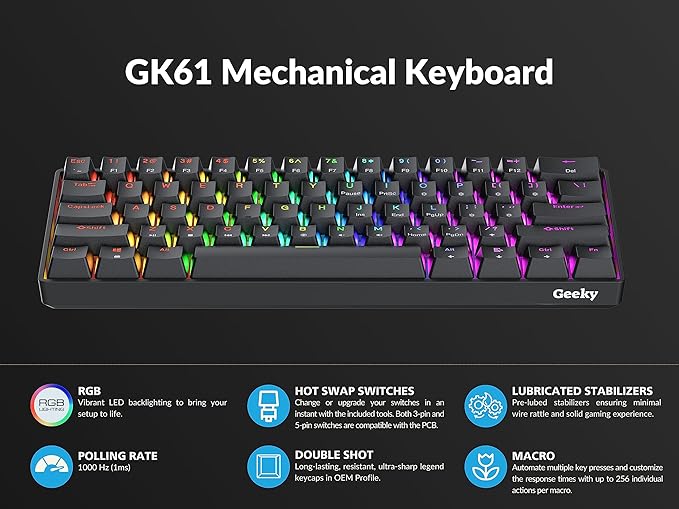 Geeky GK61 60% | Hot Swappable Mechanical Gaming Keyboard | 61 Keys Multi Color RGB LED Backlit for PC/Mac Gamer | ANSI US American Layout (Black, Mechanical Blue)