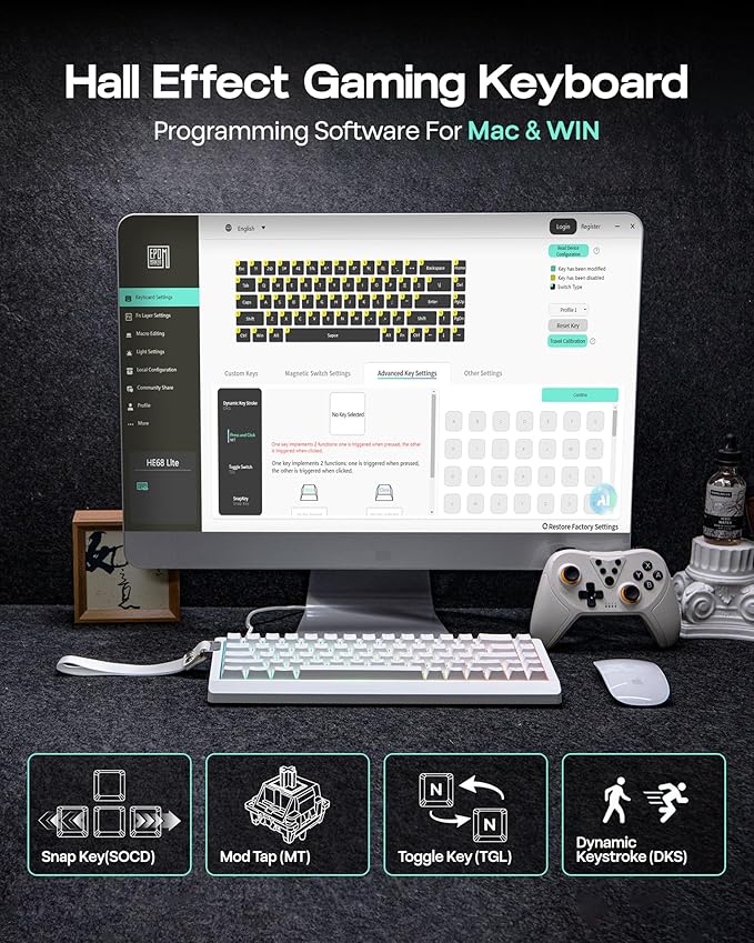 EPOMAKER HE68 Lite Hall Effect Gaming Keyboard, 8k Polling & 128K Scan Rate, 0.01mm Adjustable Trigger, 0.125ms Latency, 5-Layer Sound-Dampened, Snap Key, SOCD, A-RGB, Wired, Mac Software (White)
