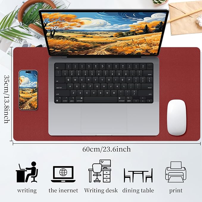 Bloss Red Leather Desk Mat Protector,Large Mouse Pad,Dual-Side Use Mouse Pads,Office Desks Mats,Laptop Protector Desks Mat,Waterproof Dual-Side Desk Keyboard/Writing Pad for Office/Home.23.6"x 13.8"
