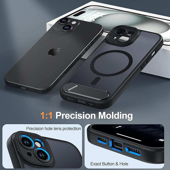 Magnetic Compatible with iPhone 15 Case, [Built-in Invisible Kickstand][Compatible with MagSafe][Full Camera Protection] Translucent Matte Phone Case for iPhone 15 6.1" Black
