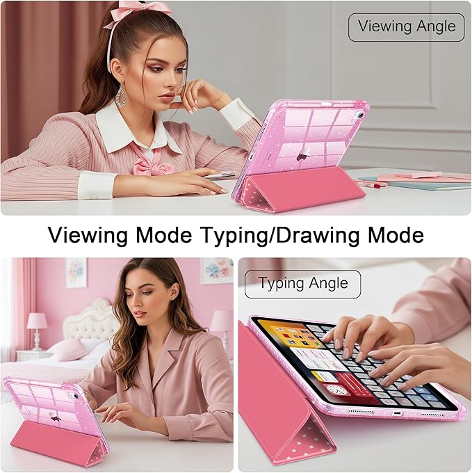DONGKE for iPad Pro 11 inch Case – Fits M5 2025 / M4 2024, Shockproof Sparkling Glitter Acrylic Back, Pencil Holder, Trifold Stand, Auto Sleep/Wake & Touch ID Support - Dark Pink Cross Dot