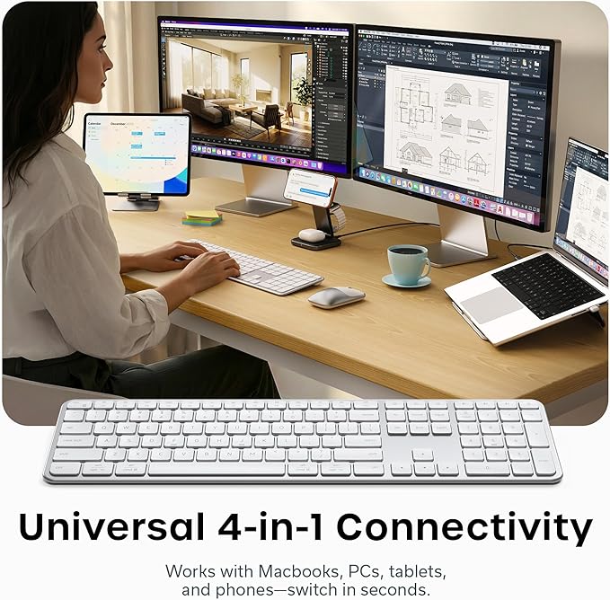 Satechi Slim EX3 Wireless Keyboard, Full-Size Keyboard w/Numpad, Multi-Device Bluetooth, 2.4GHz Connection for macOS, Windows, Android, Instant OS Key Remap,USB-C Rechargeable Battery, Silver