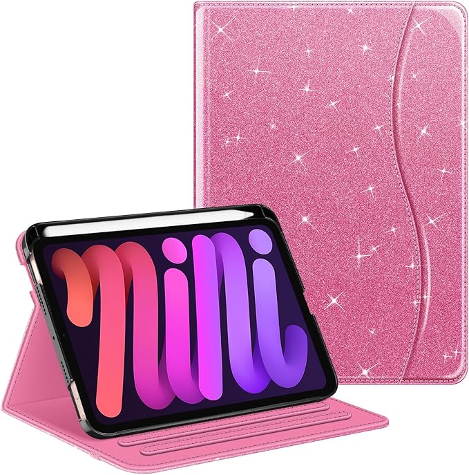 Fintie Folio Case for iPad Mini 7 (A17 Pro, 7th Generation) 2024 / iPad Mini 6 (6th Gen) 8.3 Inch, Multi-Angle Smart Stand Cover with Pencil Holder & Pocket, Auto Sleep/Wake, Glittering Pink