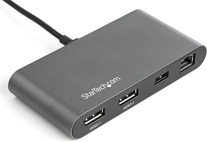 StarTech.com Dual-Monitor Thunderbolt Mini Dock, 4K 60Hz DisplayPort, Driverless Hub for Windows & Mac, Gigabit Ethernet, 1x USB-A (USB 5Gbps), 11in (28cm) Cable, Black & Silver