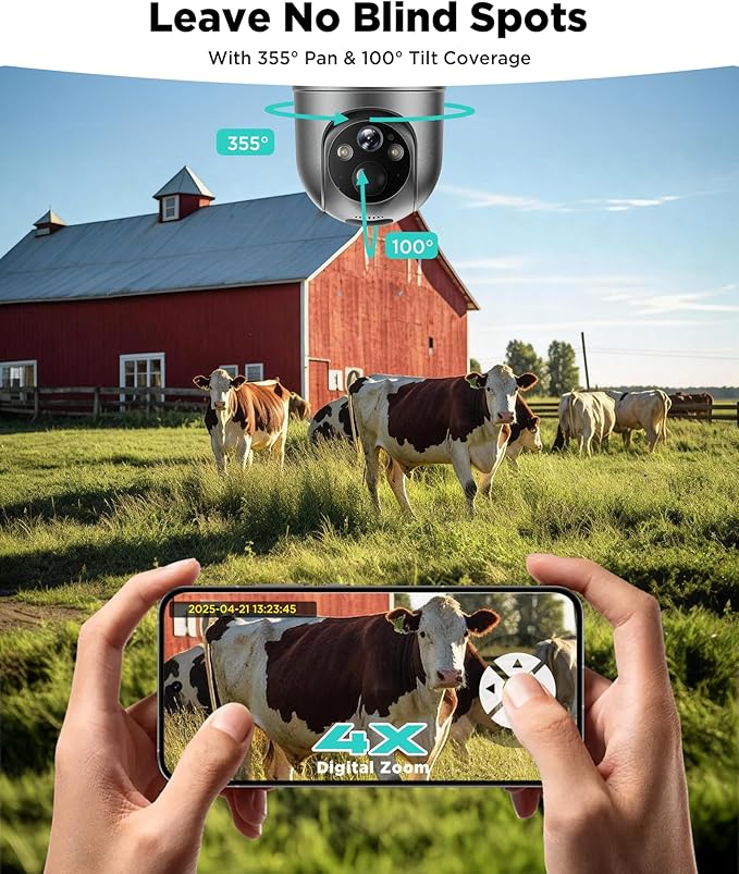 LIWAN 4G LTE Cellular Security Camera, No WiFi Security Camera Wireless Outdoor with SIM Card, Solar Powered, 2K Color Night Vision, 360° View, PIR Sensor, Off Grid Cameras for Farm, Cabin, Job Site