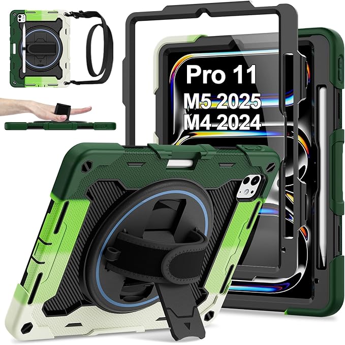 iPad Pro 11 Inch Case M5 2025/M4 2024, Heavy Duty Shockproof Protective Case with Screen Protector, 360° Rotating Stand Hand Strap Shoulder Strap Kids Cover Apple Pencil Holder