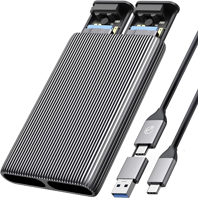 ORICO Dual M.2 NVMe with SATA SSD Enclosure, USB C to M2 Adapter for M Key PCIe & B+M Key 2230/2242/2260/2280 M.2 SSDs, Tool-Free Installation Aluminum Case Support Trim and UASP up to 2x4TB