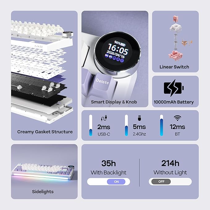 MechLands AJAZZ AK820V2 75% Wireless Gaming Keyboard with 0.9” TFT Display Screen & Knob, Gasket Mechanical Creamy Keyboard with 10000mAh Battery, Hot Swappable, RGB for Win/Mac (White Purple)