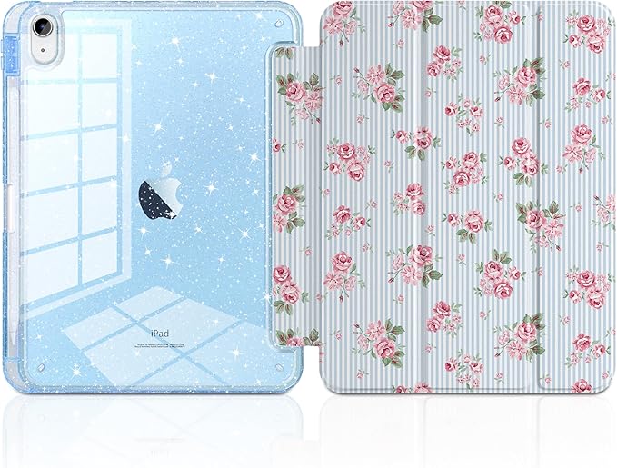 DONGKE for iPad Pro 11 inch Case – Fits M5 2025 / M4 2024, Shockproof Sparkling Glitter Acrylic Back, Pencil Holder, Trifold Stand, Auto Sleep/Wake & Touch ID Support - Tiny Roses