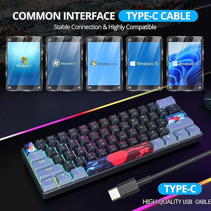 Protable 60% Percent Gaming Keyboard Mechanical, Mini Compact RGB Backlit 61 Keys Wired Office Keyboard with Blue Switch for Mac/Win (Dark/Blue Switch)