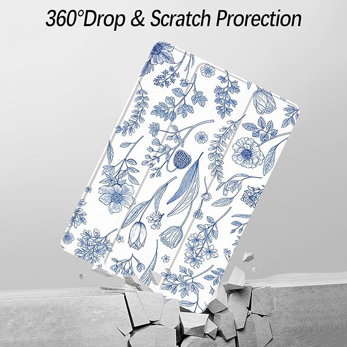 Case for iPad Pro 11 inch 4th/ 3rd/ 2nd / 1st Generation (2022/2021/2020/2018), Case with Pencil Holder, Stand Clear Back Cover Cute Cool Design for Women Girls, Auto Sleep/Wake, Blue Flower