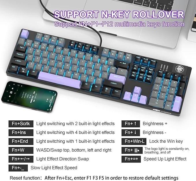 MageGee Mechanical Gaming Keyboard, Wired USB RGB Backlit Keyboard, 104-Key 100% Anti-Ghosting Mechanical Keyboard with Red Switches, Side-Printed Keycaps for Windows PC & Mac