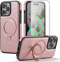 Compatible with iPhone 15 Pro Case with Stand, Compatible with MagSafe, Slim PU Leather & Durable TPU Protective Cover Drop-Proof with Tempered Glass Screen Protector 6.1", Rose Gold