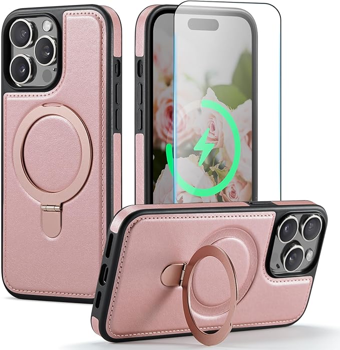 Compatible with iPhone 14 Pro Max Case with Stand, Compatible with MagSafe, Slim PU Leather & Durable TPU Protective Cover Drop-Proof with Tempered Glass Screen Protector 6.7", Rose Gold