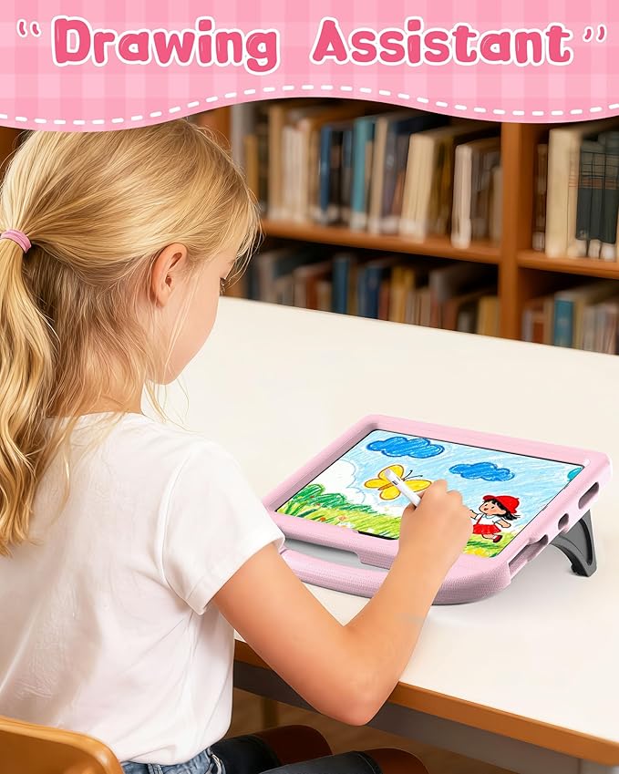 Kids Case for iPad A16 11th Gen 11-Inch 2025 & iPad 10th Generation (10.9" 2022), Durable Shockproof Fully-Body Cover with Screen Protector/Pencil Holder/Stand/Handle for Kids, Light Pink