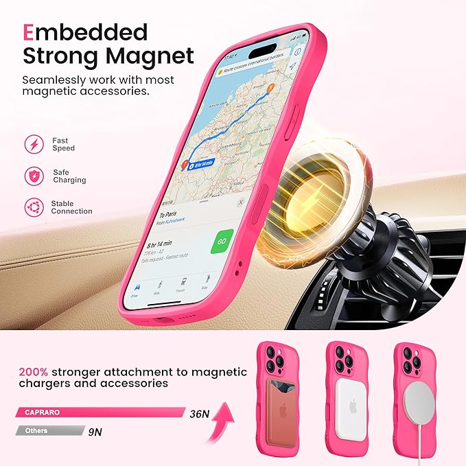 CAPRARO for iPhone 16 Pro Max Case with 360° Spin Magnetic Stand for Women, [Compatible with MagSafe] [Full Camera Protection] Cute Wave Translucent Matte Case for iPhone 16 Pro Max, Hot Pink
