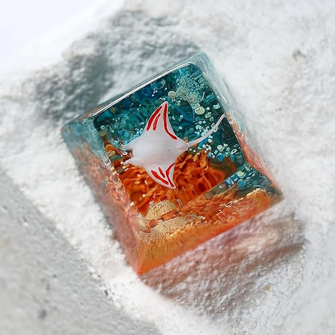 Manta Ray Artisan Keycap Green Orange Coral Reef R1 SA Profile Custom Sea Creatures Keycaps 1U ESC Handmade Gaming Resin Key Cap Cherry MX Switch Compatible Mechanical Keyboard Manta Ray Lover Gift