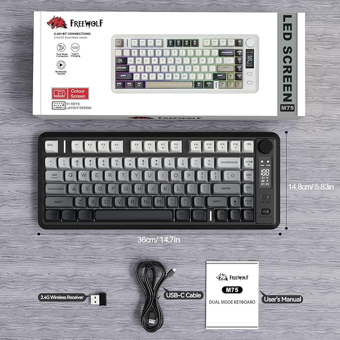 ZIYOU LANG M75 Wireless Gaming Keyboard, RGB Backlit Rechargeable 2000mAh Battery, Small Membrane But Mechanical Feel Keyboard with Smart Display & Knob, PBT Gradient keycaps for PC, MAC-Moonlit Night