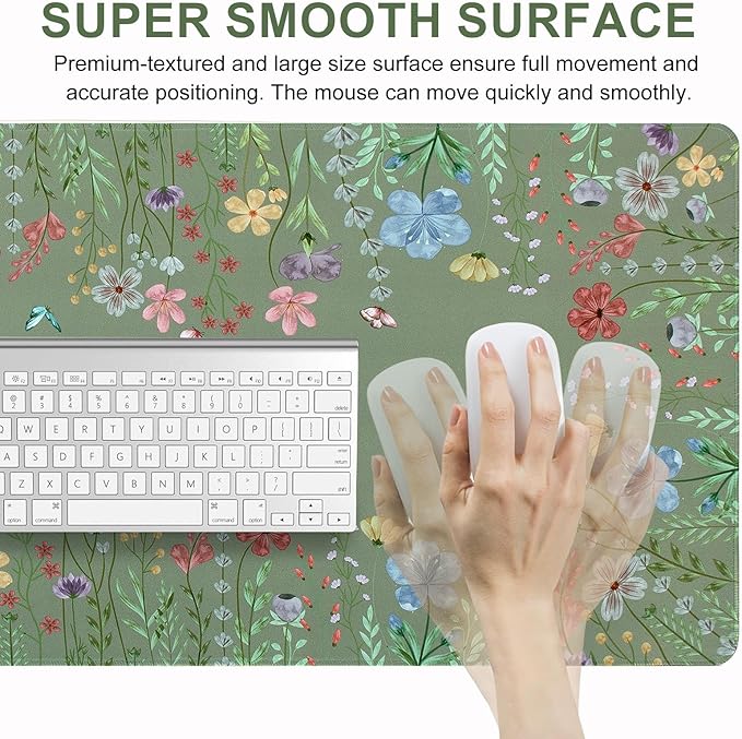 L-SPOUTTO Green Desk Mat for Keyboard and Mouse,XXL Large Mouse Pad Non-Slip Keyboard Pad Waterproof Desktop Mat for Laptop Computer Work Game Home Office-Green Floral