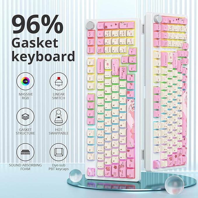 surmen Pink Creamy Keyboard with with Number Pad, 96% RGB Full Gasket Mounted Hot Swappable Custom Wired Thocky Keyboard with Knob for Office Gamer (98 Ying)