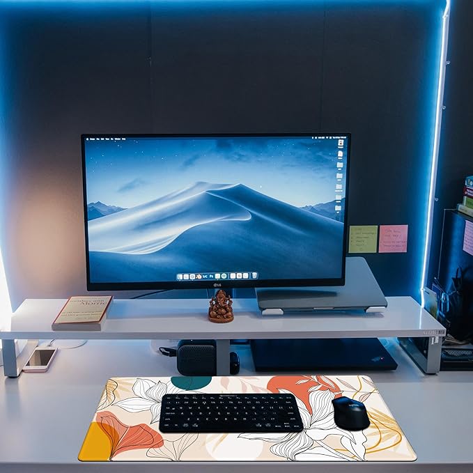 Floral Line Art Desk Pad, Large Gaming Mouse Pad, 31.5"x15.7" Extended Big Computer Keyboard Mouse Pad with Non-Slip Base and Stitched Edge