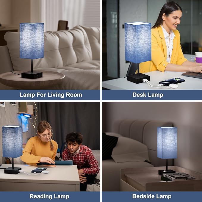 Bedside Table Lamp for Bedroom Set of 2, 3 Way Dimmable Touch Lamp with USB C+A Charging Ports, Small Nightand Lamps for Bedroom Decor, Living Room, LED Bulbs Included, Upgraded Navy Blue