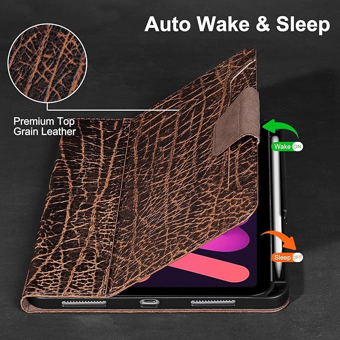 Gexmil Premium Leather Case for iPad mini 7 (A17 Pro) 2024 / iPad mini 6 Generation 2021 8.3 Inch,Pencil Holder, Magnetic Closure,Shockproof Cowhide Cover,Adjustable Stand,Buffalo Brown