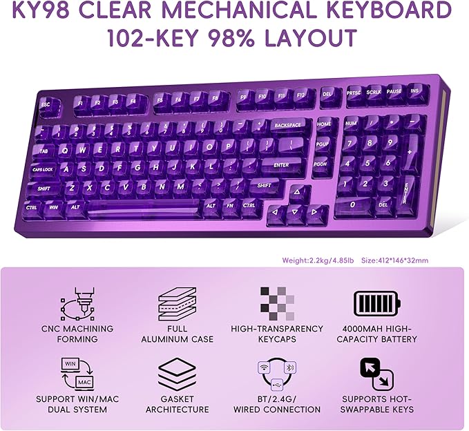 kutethy KY98 Wireless Mechanical Keyboard with Transparent Keycaps,Full Aluminum CNC,Hot-swappable,Pre-lubed Linear Switches,Gasket Structure,RGB Backlit,OLED Screen,BT5.0/2.4G/USB-C Wired (Purple)