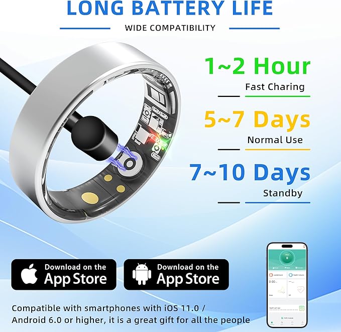 Smart Ring Health Tracking, Sleep Tracking, Heart Rate, Blood Oxygen, Blood Pressure，Fitness Ring, Activity Monitoring, 5 Days Battery, 5ATM Waterproof, No Subscription (Silver, 11#)