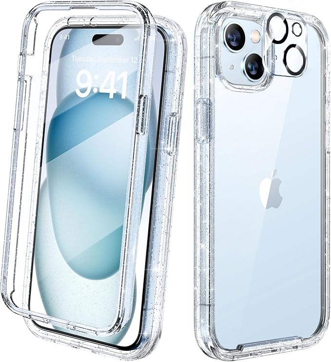 Diaclara Designed for iPhone 15 Case, Full Body Rugged Case with Built-in Touch Sensitive Anti-Scratch Screen Protector, with Camera Lens Protector for iPhone 15 6.1" (Clear Glitter)