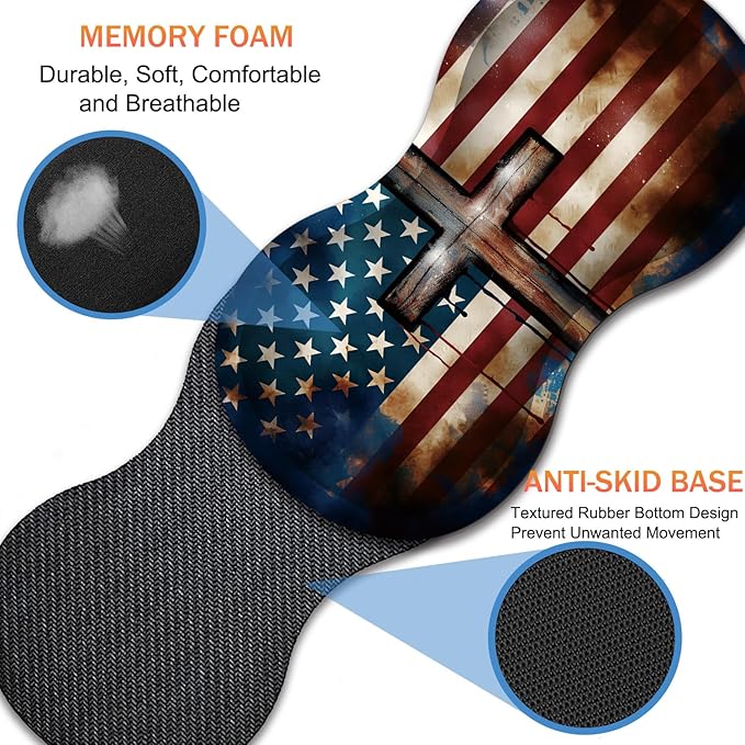 Extended Non-Slip Mouse Pad + Mouse Wrist Rest + Lace-Shaped Coaster Set, Ergonomic Design, Suitable for Desk and Home Gaming Table Mat, American Flag Cross