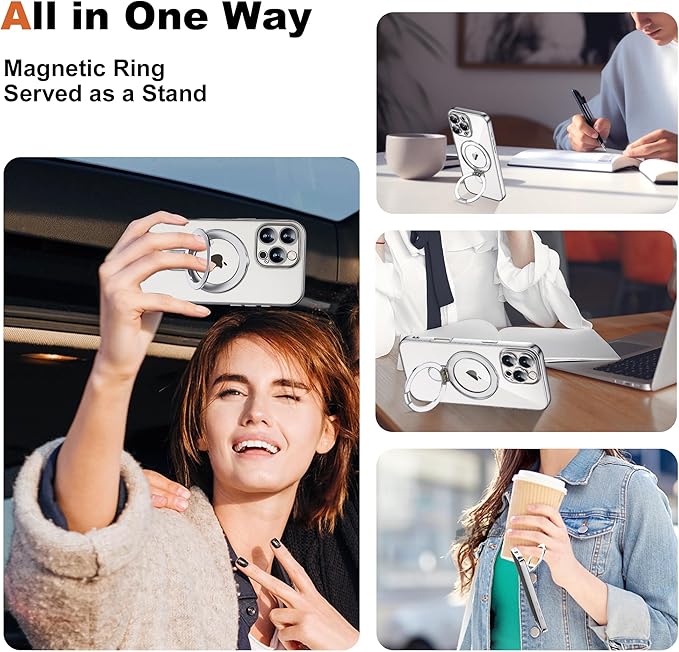 Compatible with iPhone 16 Pro Case with Invisible Magnetic Ring Stand [Compatible with Mag-Safe] [Full Camera Lens Protector] Plating Clear Phone Case for iPhone 16 Pro 6.3", Silver