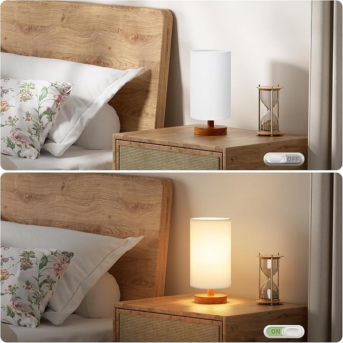 Fenmzee Small Table Lamp for Bedroom - Inline Control, Bedside Lamp with 3000K A15 LED Blub, Easy Assembly (White Shade - Walnut Base, 9" Inline Control)