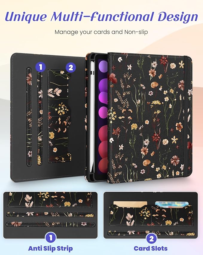 Kidcube for iPad mini 7 Case A17 Pro 2024, for iPad mini 6th Generation Case 8.3 Inch - Women Girls Cute Rotating Stand Folio Cover with Pencil Holder & Card Slot Girly Flowers Floral Unique Cover