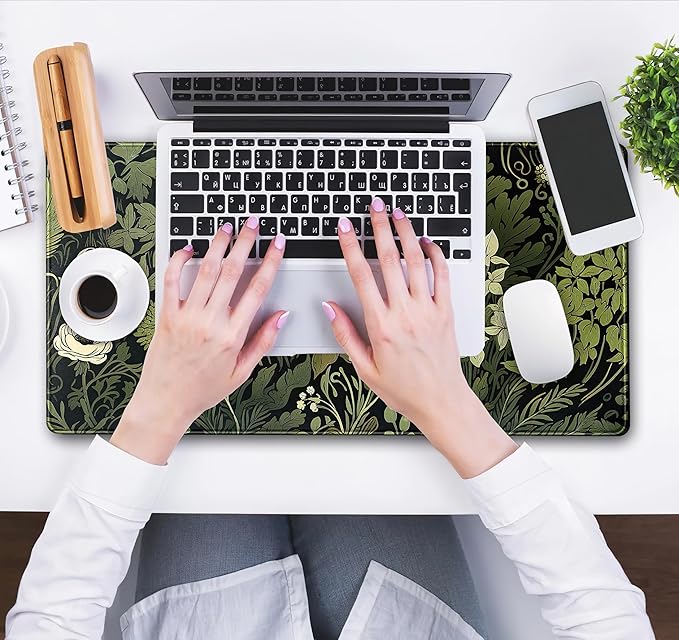 Green Leaves Beige Plants Pad, Large Extend Mouse Pad XXL, Freshness Foliage Keyboard Mat, Black Esthetics Desktop Mat Laptop Wireless Mouse Mat, Gift for Women 31.5"x15.75"