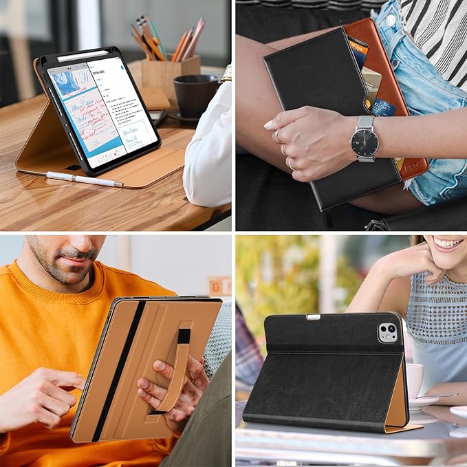 DTTO for iPad Pro 11 inch Case (M5/M4) 2025/2024, Premium Leather Business Folio Stand Cover with Pencil Holder - Auto Wake/Sleep and Multiple Viewing Angles, Black Brown