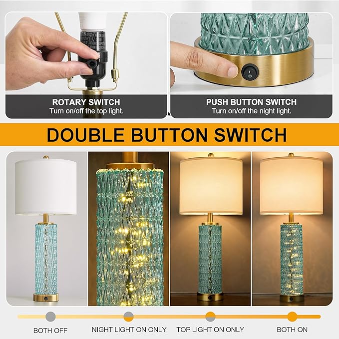 Oneach 27.75" Coastal Table Lamps Set of 2, Clear Blue Bedside Lamp with Glass Nightlight, USB A+C, Unique Desk Lamps for Living Room, Bedroom, Nightstand, End Table (2 Bulbs Included)
