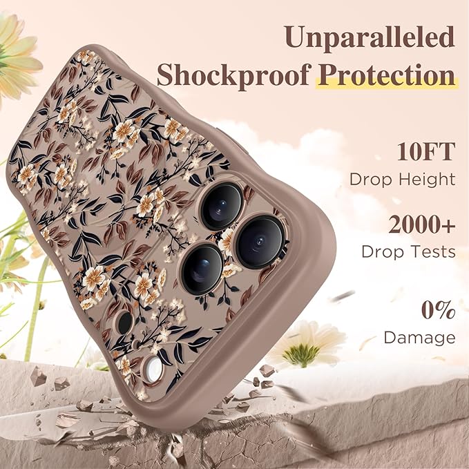 GVIEWIN for iPhone 17 Pro Max Case Compatible with MagSafe [Curly Wave Edge][Full Camera Protection] Floral Translucent Shockproof Magnetic Women Phone Case for 17 Pro Max, Bunchflower/Brown