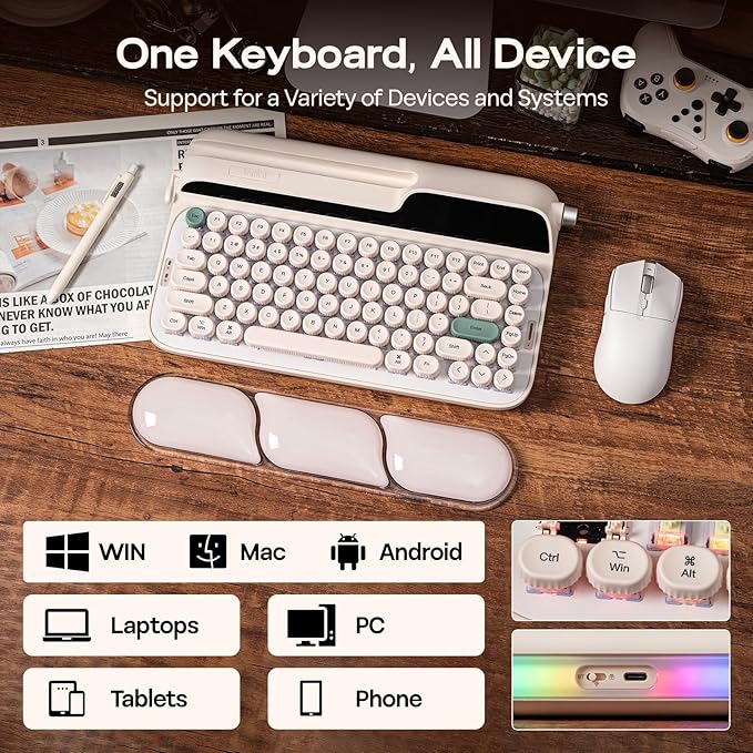 EPOMAKER Glyph Wireless Typewriter Retro Mechanical Keyboard, Screen & Knob & Lever, Wrist Rest, Round PBT Keycap, Hot Swap, RGB, Custom Software, Top-Mount, 75% Creamy Keyboard for PC/MAC
