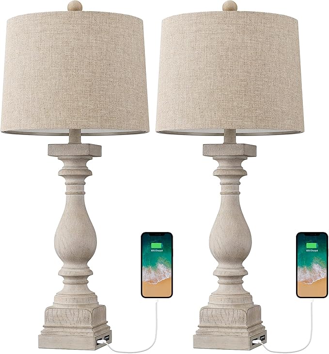 BOBOMOMO 27" Table Lamp with USB C+A Charging Ports Set of 2 Antique Nightstand Lamp for Bedroom Living Room Farmhouse Office Retro Rustic Resin Bedside Desk Lamps Washed White (Blubs not Included)