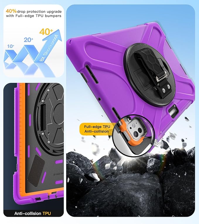 BRAECN Case for iPad Pro 11 inch M5 2025 & M4 2024, 4 Layers Heavy Duty Full-Body Protection Screen Protector Pencil Holder, 360° Rotating Handle Kickstand, Shoulder Strap Kids Friendly