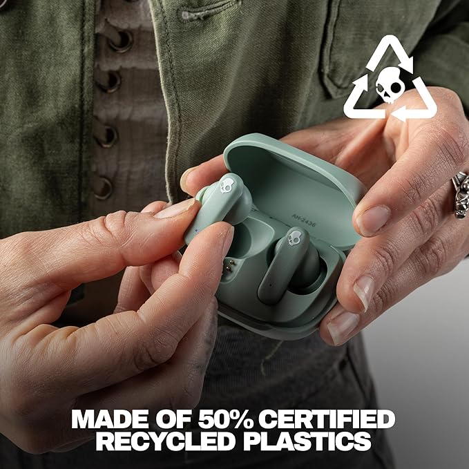Skullcandy Smokin’ Buds Wireless Earbuds, Bluetooth Headphones, Noise Isolating Fit, Up to 20 Hours Battery, IPX4 Sweat and Water Resistant, Microphone for iPhone Android - Preppy Sage