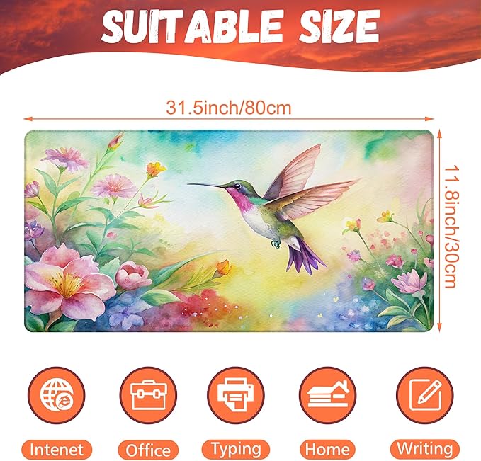 Large Gaming Mouse Pad for Desk, Watercolor Flying Hummingbird Desk Mat, Beautiful Garden Desk Pad, 31.5"x15.7" Extended Big Computer Keyboard Mouse Pad with Non-Slip Base and Stitched Edge