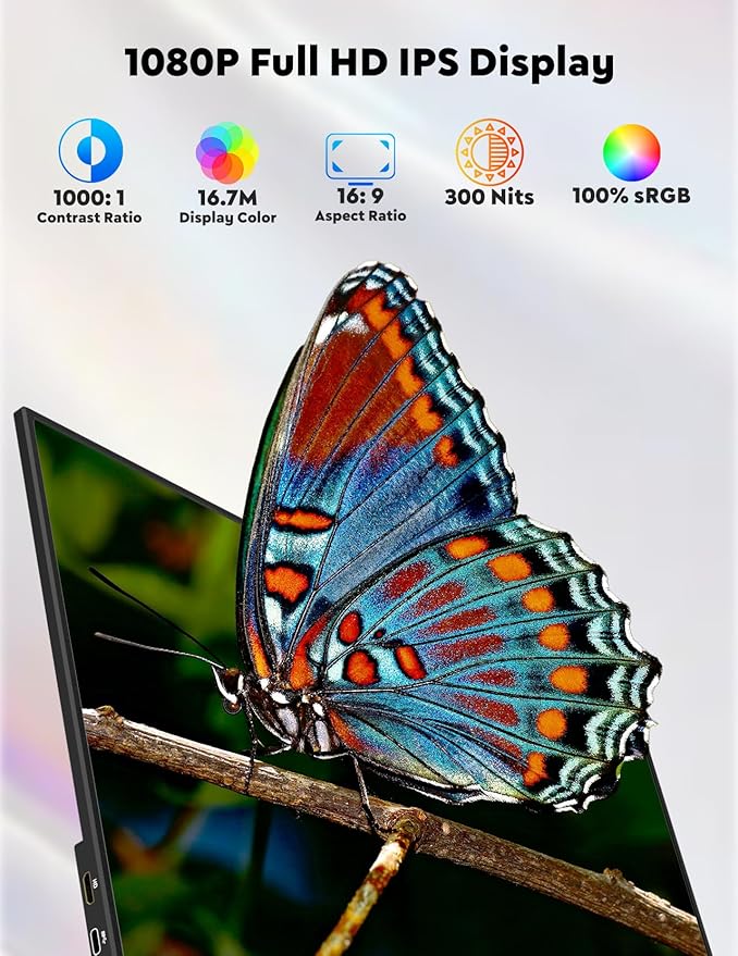 15.6” Portable Monitor with Adjustable Stand, 1080P FHD IPS Screen Extender, Laptop Stand & Smart Cover Included, Ultra Slim Travel Monitor with Eye Protection, Plug and Play for Laptop/PC/Mac