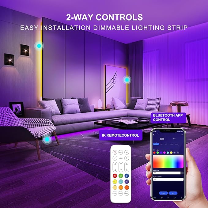 Pandery RGB COB LED Strip Light,DC24V 576leds/m Music Synchronized Color Change APP and Bluetooth Remote Control 9.84FT/3M,Indoor RGB COB Strip Light for Bedroom,Game Room,Bar,Party